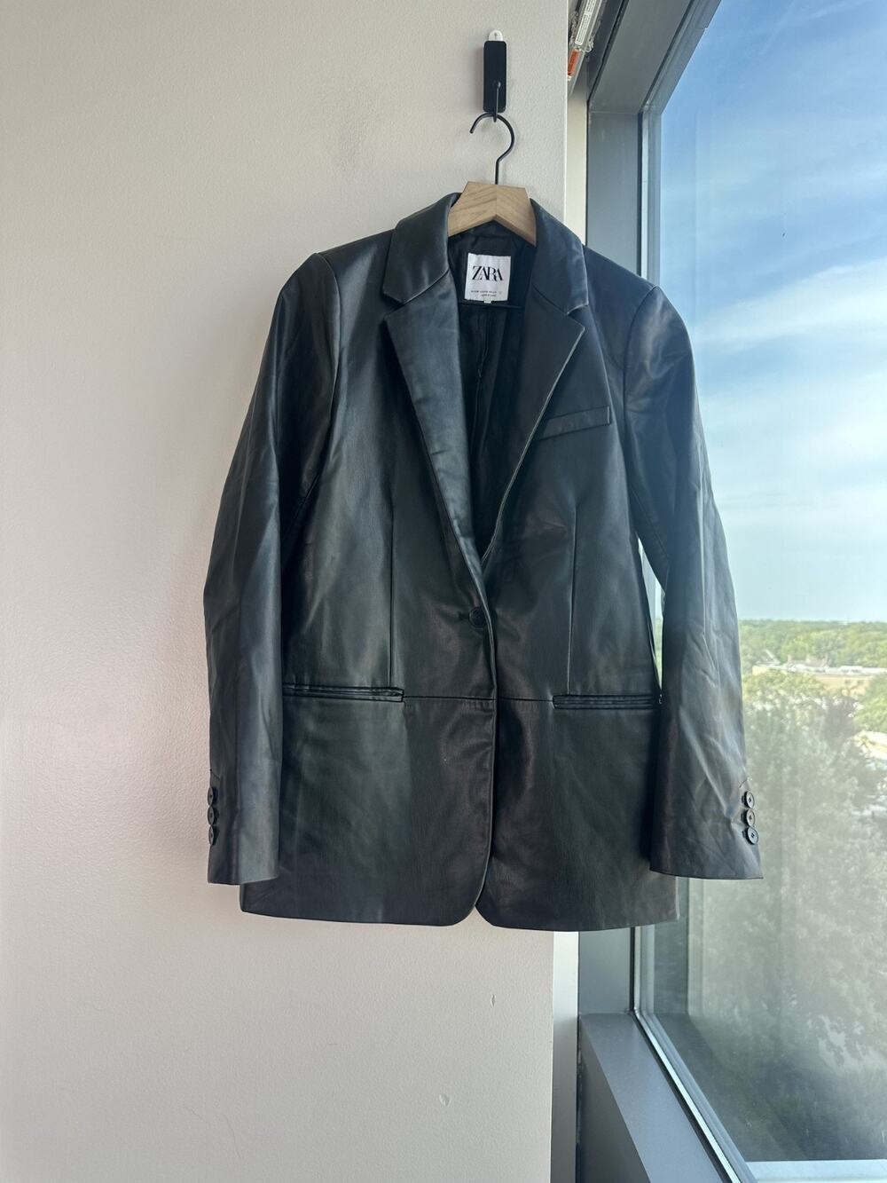Zara Faux Leather Straight Cut Blazer Jacket Black Sz XS